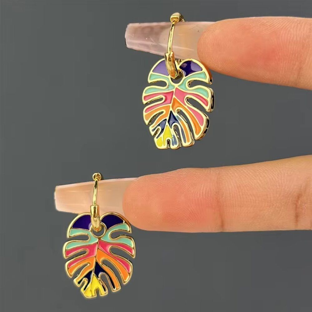 Bohemian Painted Monstera Plant Leaf Dangle Earrings - Picture 1 of 4